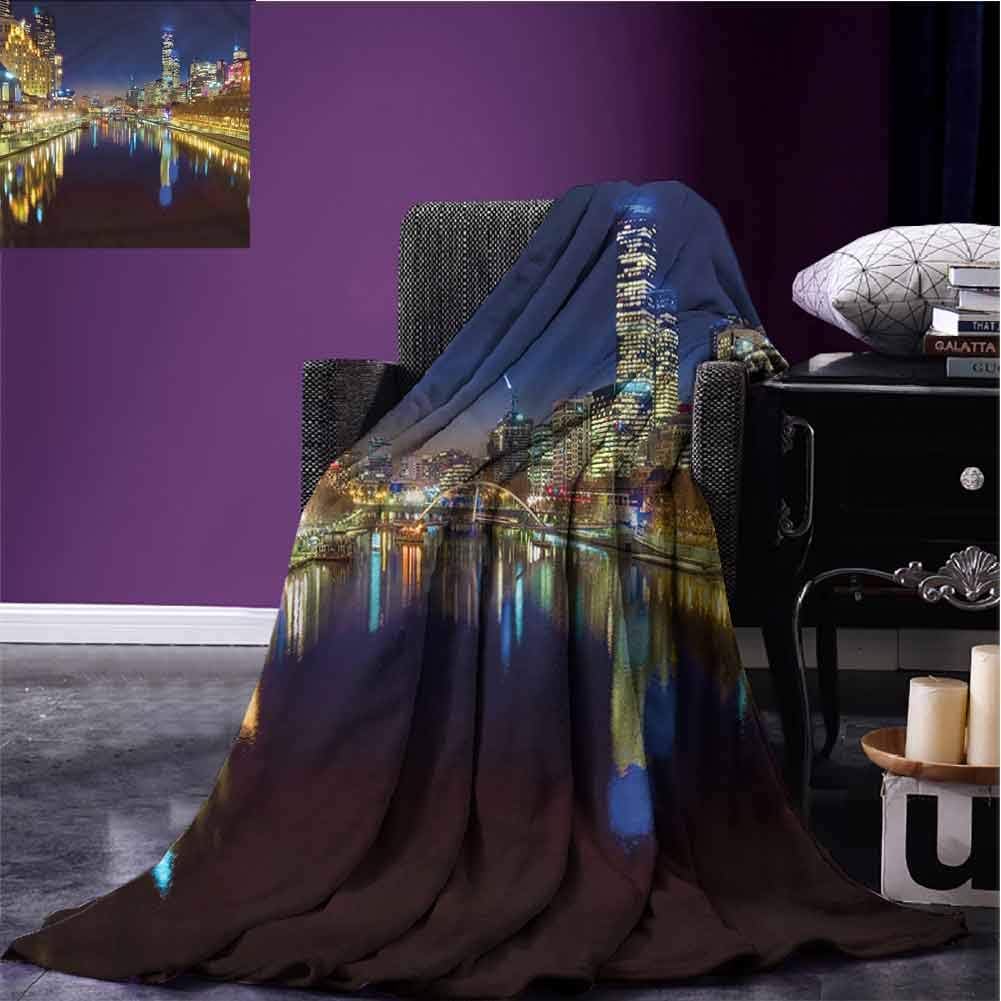 WinfreyDecor City Travel Blanket Flannel Throw Blanket Night in Melbourne River Ultra Luxurious Plush Blanket for Couch Sofa Bed W90 xL60