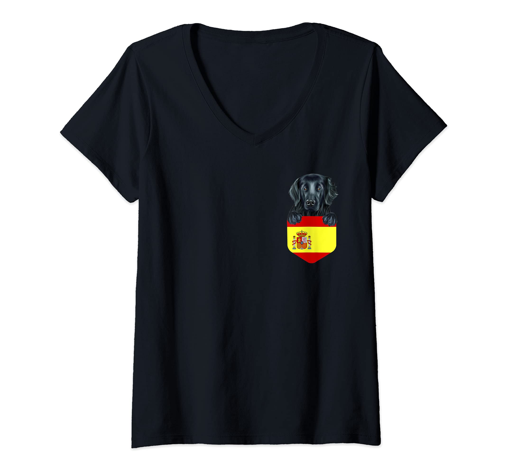 Womens Spain Flag Flat-Coated Retriever Dog In Pocket V-Neck T-Shirt