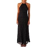 ABYOVRT Women Backless Dress Sleeveless Textured Halter Open Back Maxi Dresses Vacation Wedding Guest