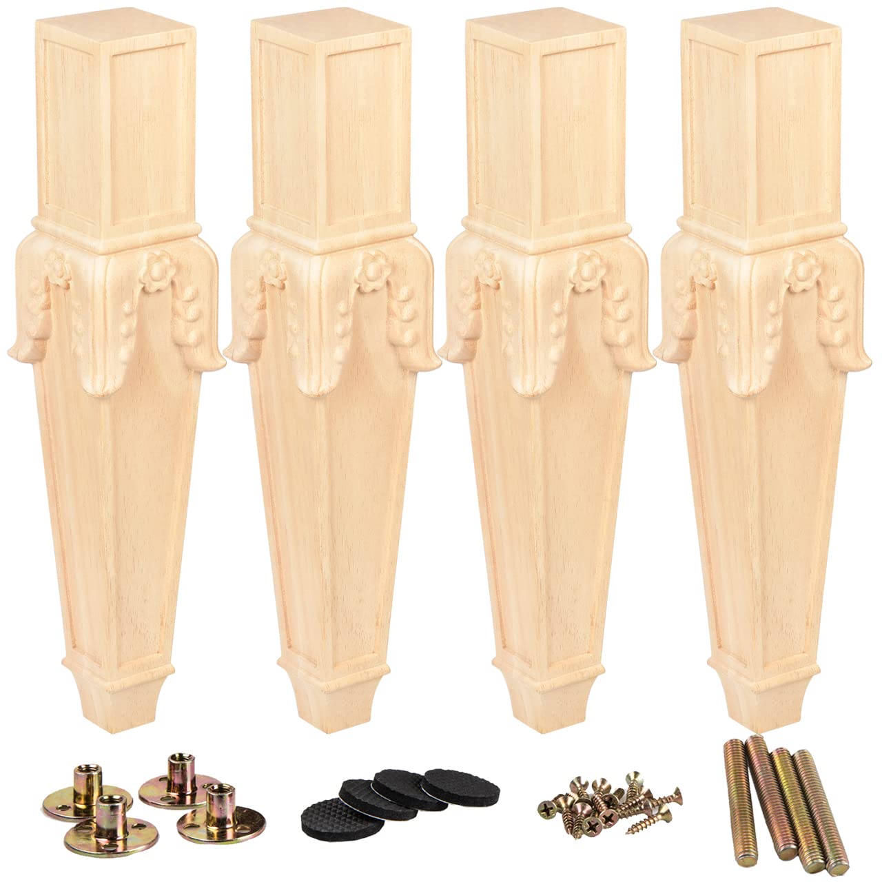 La Vane 18 inch / 45cm Wooden Furniture Legs, Set of 4 Solid Wood Carved Geometry Unfinished Replacement Bun Feet with Mounting Plate & Screws for Sofa Cabinet Couch Table TV Stand