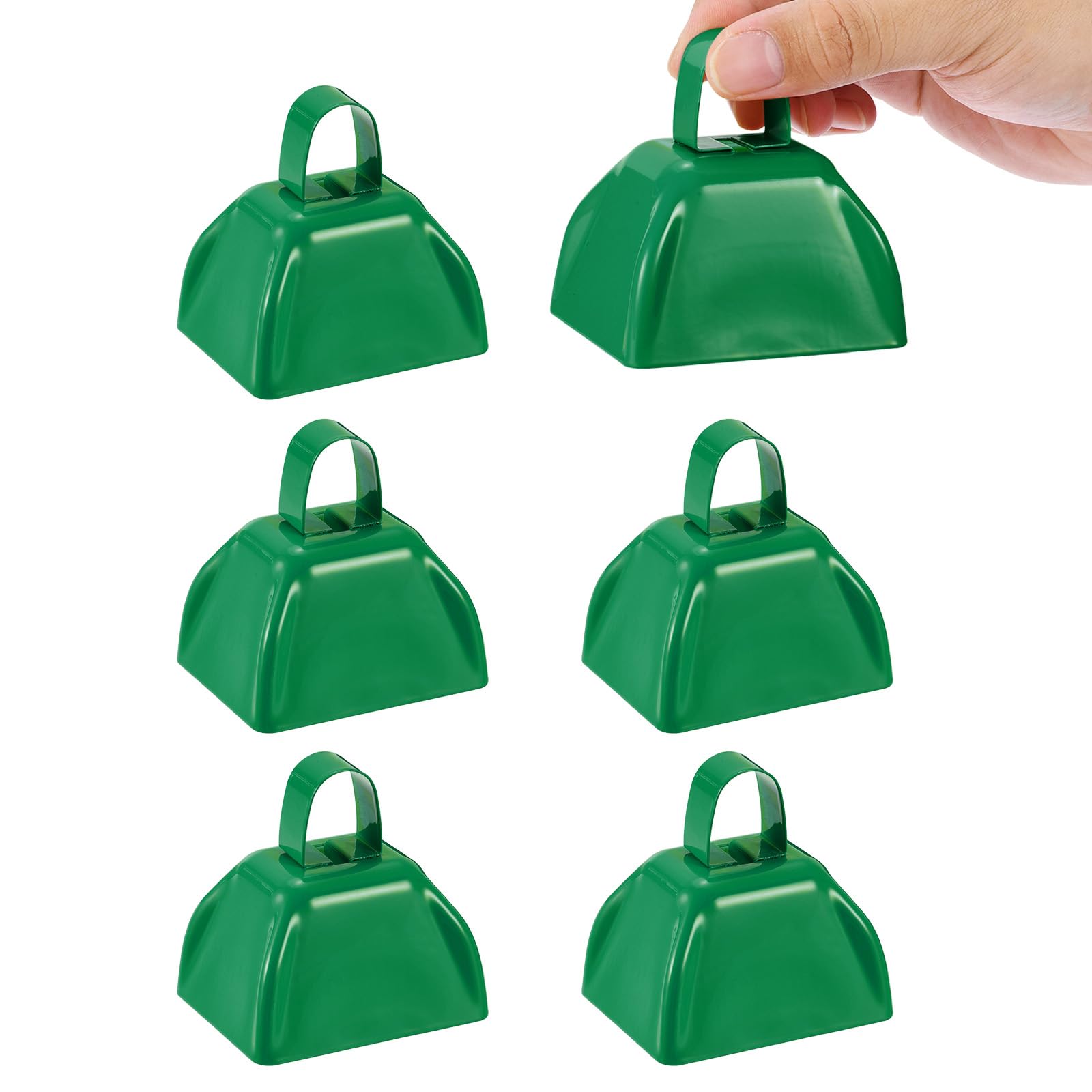 PATIKIL 6pcs Cow Bells for Football Games, 3inch Cowbells for Sporting Events Bulk Loud Noise Makers Metal Cow Bell with Handle for Cheering Wedding,Green