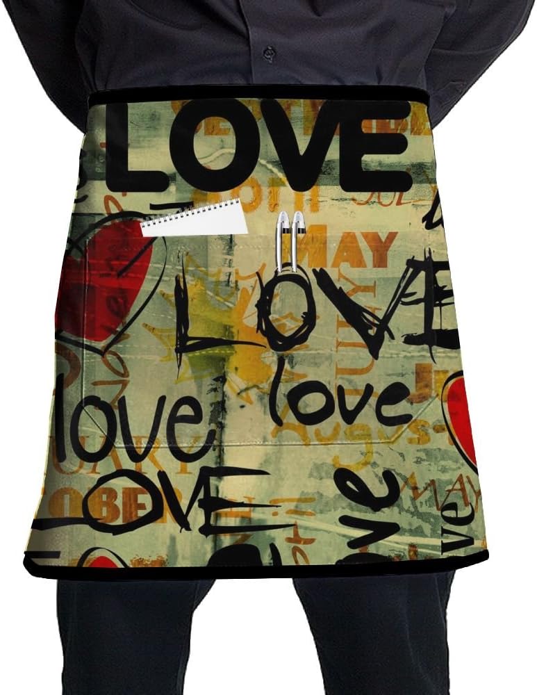 Love Funny Doodle Pattern Stylist Waist Chef Apron With Pockets, Restaurant Short Bistro Family Half Aprons For Men Women, 21.3 X 17.7 Inches, Black