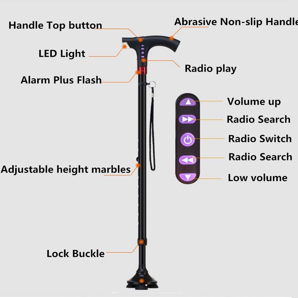 Intelligent Cane Multifunction Radio MP3 Lighting Old Man Crutches Four Feet Interchangeable Cane Adjustable Height 73-97cm