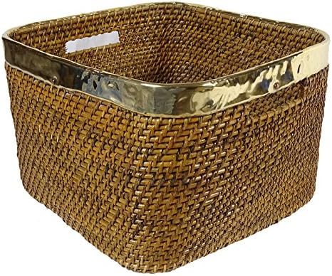 Square Laundry Basket Wooden Wicker Hand Woven Cane Baskets With Metal Fencing
