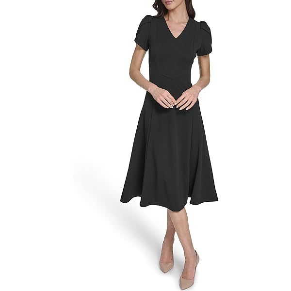 Calvin Klein Womens, Tulip Sleeve Scuba Crepe Aline Midi Black, 2