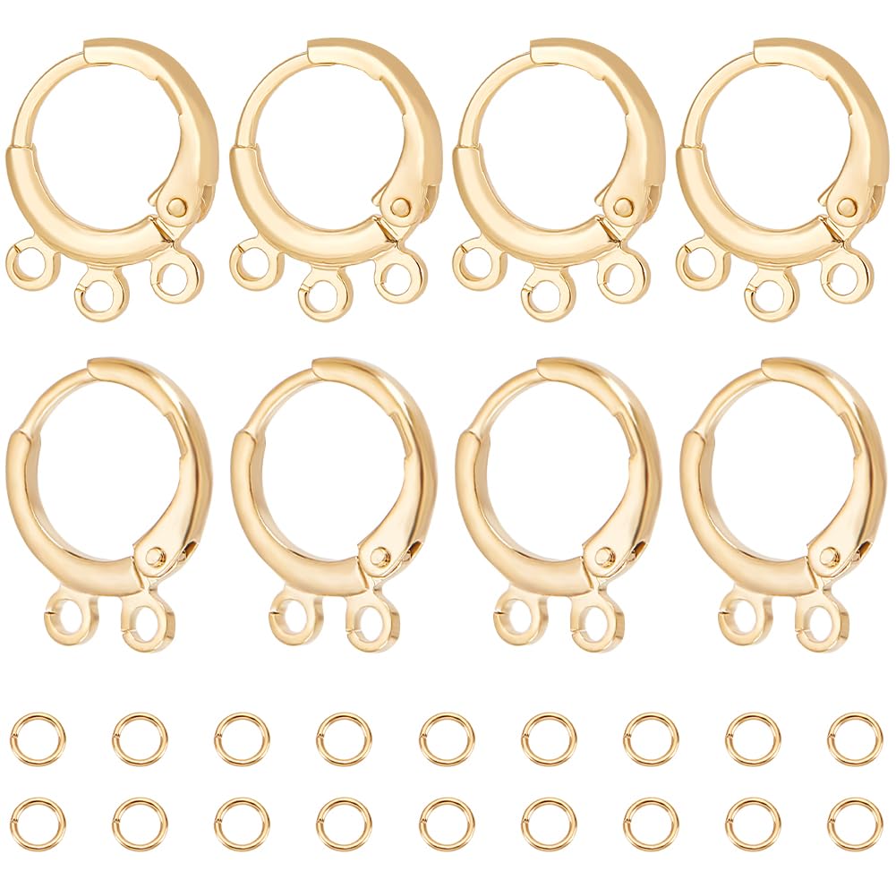 Beebeecraft 1 Box 24Pcs Round Leverback Earwires 18K Gold Plated Brass Multihole Earring Hook 2 Style Open Loop with 50Pcs Dangle Jump Rings for Jewellery Making…