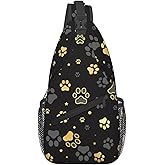 QISENTIS Paw Print Sling Bag for Women Crossbody Bag Golden Dog Paw Print and Stars on Black Background Sling Backpack for Men Cute Animal Footprint Shoulder Bag Gym Sports Travel Hiking Daypack
