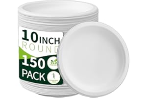 LXINS ECO 10 Inch Compostable Paper Plates【White 150 Pack】, 100% Sugarcane Bagasse Large Disposable Plates, Sturdy Heavy Duty, Biodegradable Dinnerware for Party, BBQ, Picnic, Catering