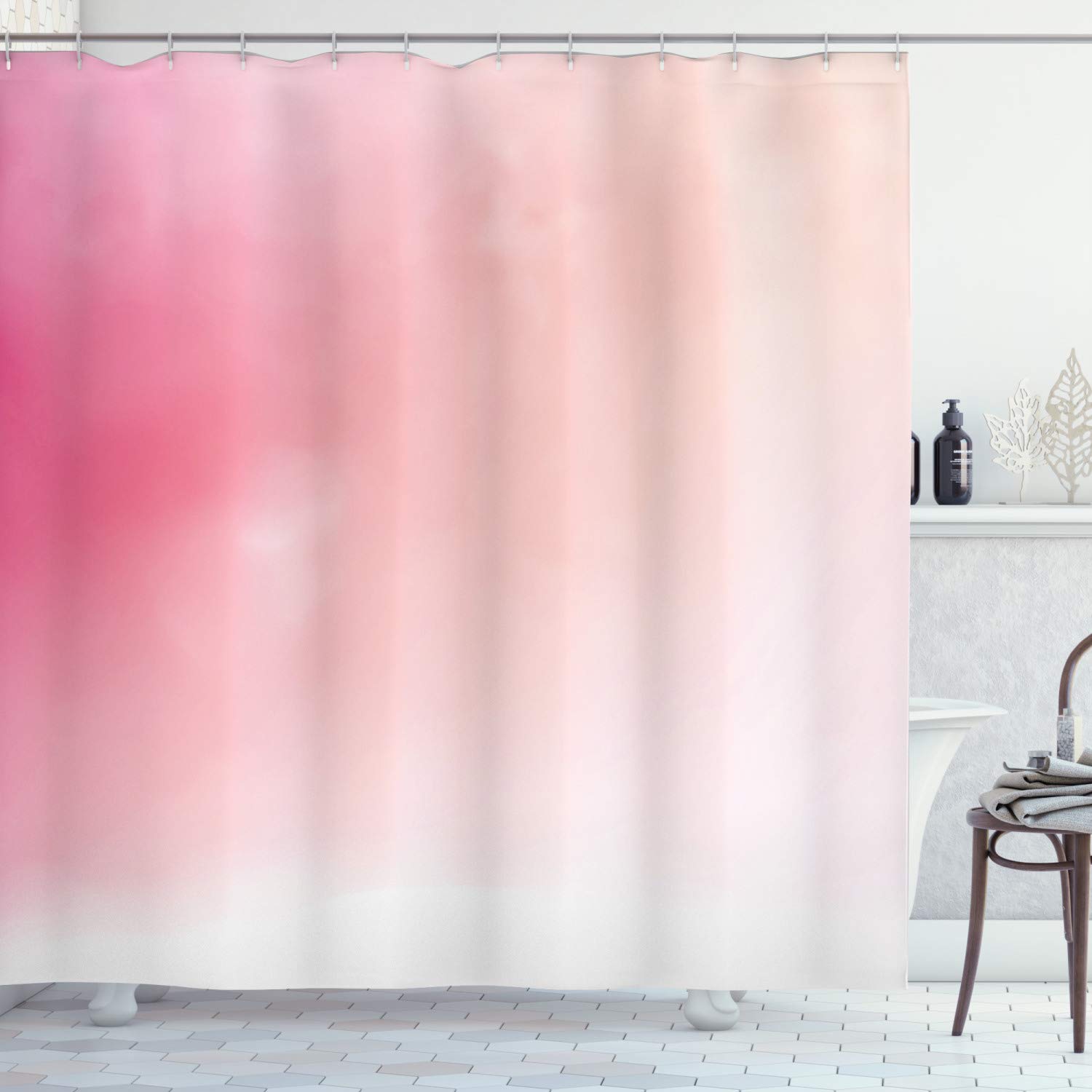 ABAKUHAUS Pink Shower Curtain, Blurred Background Changing Colors Ombre Inspired Composition Dreamy Display, Cloth Fabric Bathroom Decor Set with Hooks, 86 Inches Extra Long, Pink Peach White