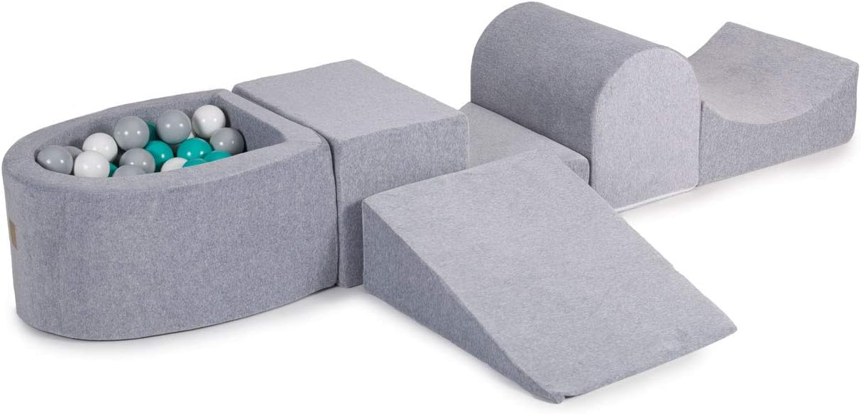 MEOWBABY 200x45cm/100 Balls Activity Play Set with Ball Pit 5-Piece Safe Soft Foam Blocks Interactive Toy for Baby Indoor Crawling and Sliding Made in EU Light Gray: Gray/White/Turquoise