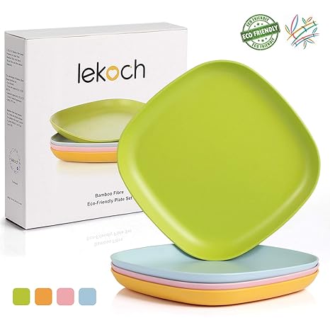 LEKOCH 4-Teilige Bio Bambus Umweltfreundlich Camping Round Teller Set Brotteller Speiseteller Kuchenteller für Picknick/BBQ G
