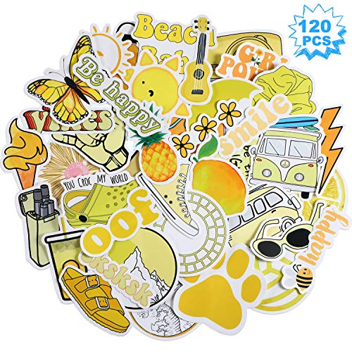 120 Pieces Waterproof Stickers Water Bottle Stickers Yellow Laptop Stickers Aesthetic Vinyl Stickers Girls Teens Graffiti Decals for Water bottle, Laptop, Phone, Cars, Luggage, Guitar and Skateboard