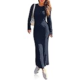 Wenrine Womens Sweater Maxi Dress Long Sleeve Knit Ribbed Crew Neck Slim Fit Casual Fall Long Dresses