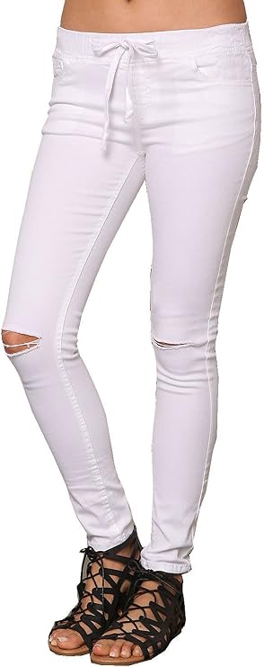 White Drawstring Knee Slit Jeans-White-L at Amazon Womenâs Clothing store