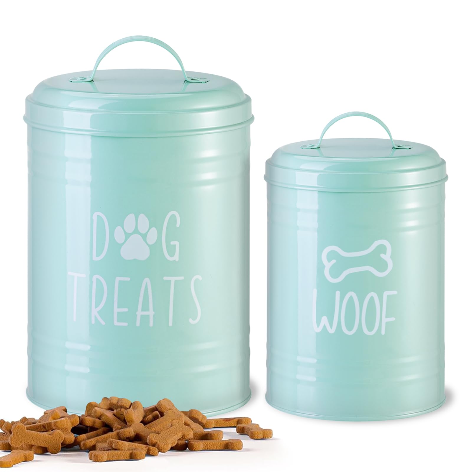 NIXBYO Rustic Decorative Dog Treat Container Airtight Set of 2 - 9x5.5''&7x4'' Metal Dog Cookie Jar for Kitchen Counter, Green Pet Treat Storage Container