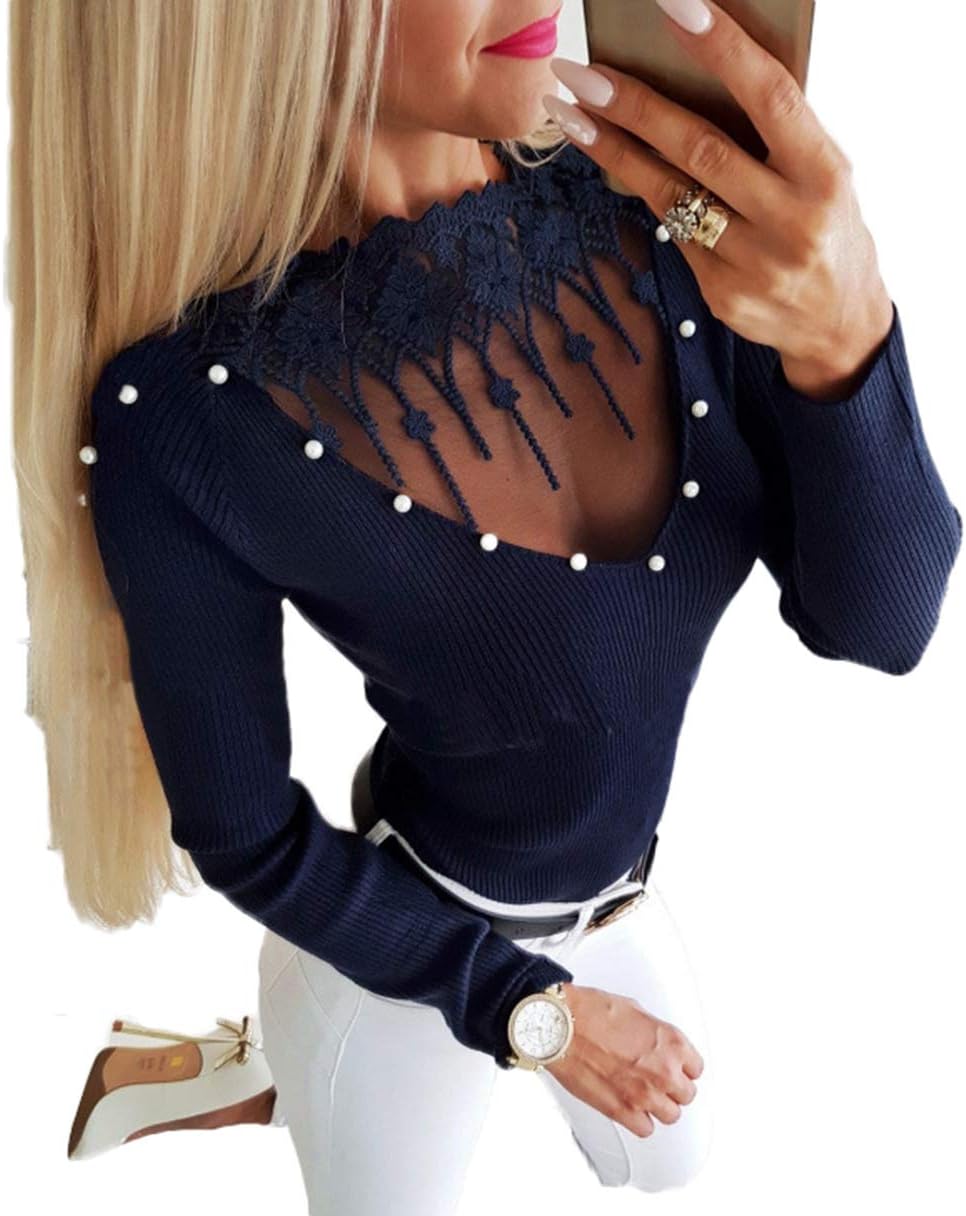 Womens Slim Fit Sweater Lace Ribbed Choker Neck Long Sleeve Knit Pullover Tops