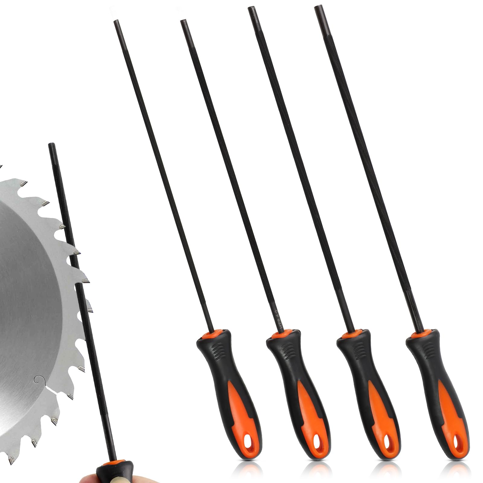 4 pcs Small Chainsaw Files, 3.2, 4.0, 4.8, 5.5mm Chainsaw Sharpener File with Non-Slip Handle, Chainsaws Sharpening File Kit, High Carbon Steel Chainsaws Chain Sharpener for Chain Saw Polishing