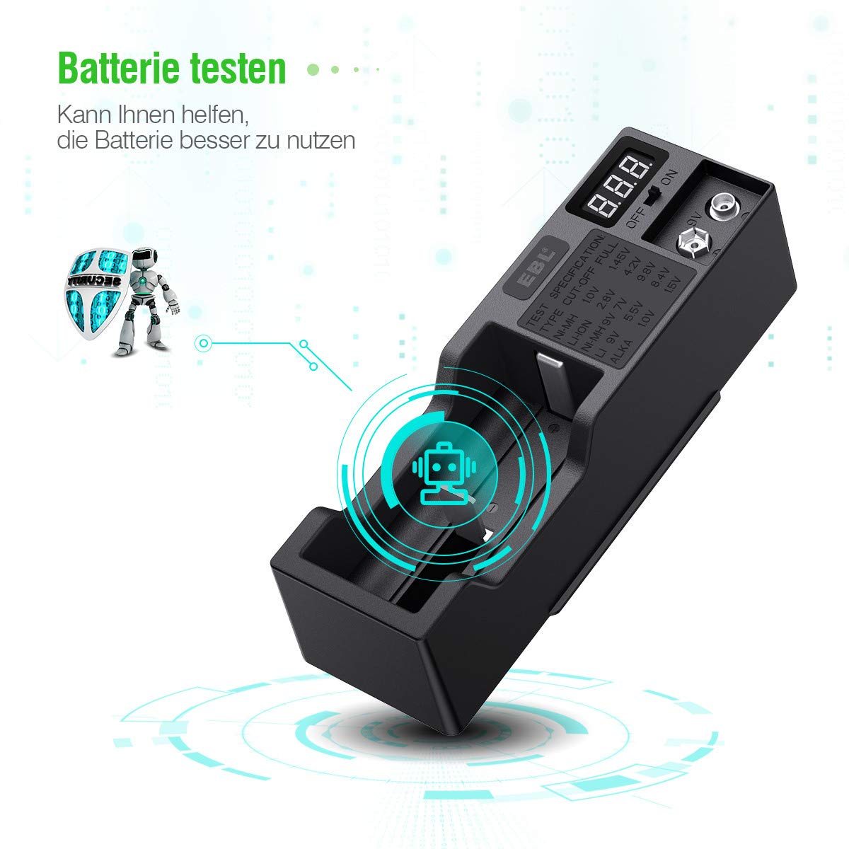 EBL Batterien Tester Universal Batterieprüfergerät für AA AAA NI-MH C D LI-ION 18650 14500 18500 10440 NI-MH 9V LI 9V Batterie testgerät mit LCD-Anzeige Akku Testgerät für Spannung