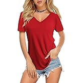 Amoretu Womens T Shirts V Neck Short Sleeve Tshirt Basic Tee Curved Hem Tops