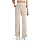 G4Free Women Lounge Wide Leg Pants Ribbed Lightweight Yoga Pants with Pockets Casual Comfy Pants(Light Khaki,S,32")
