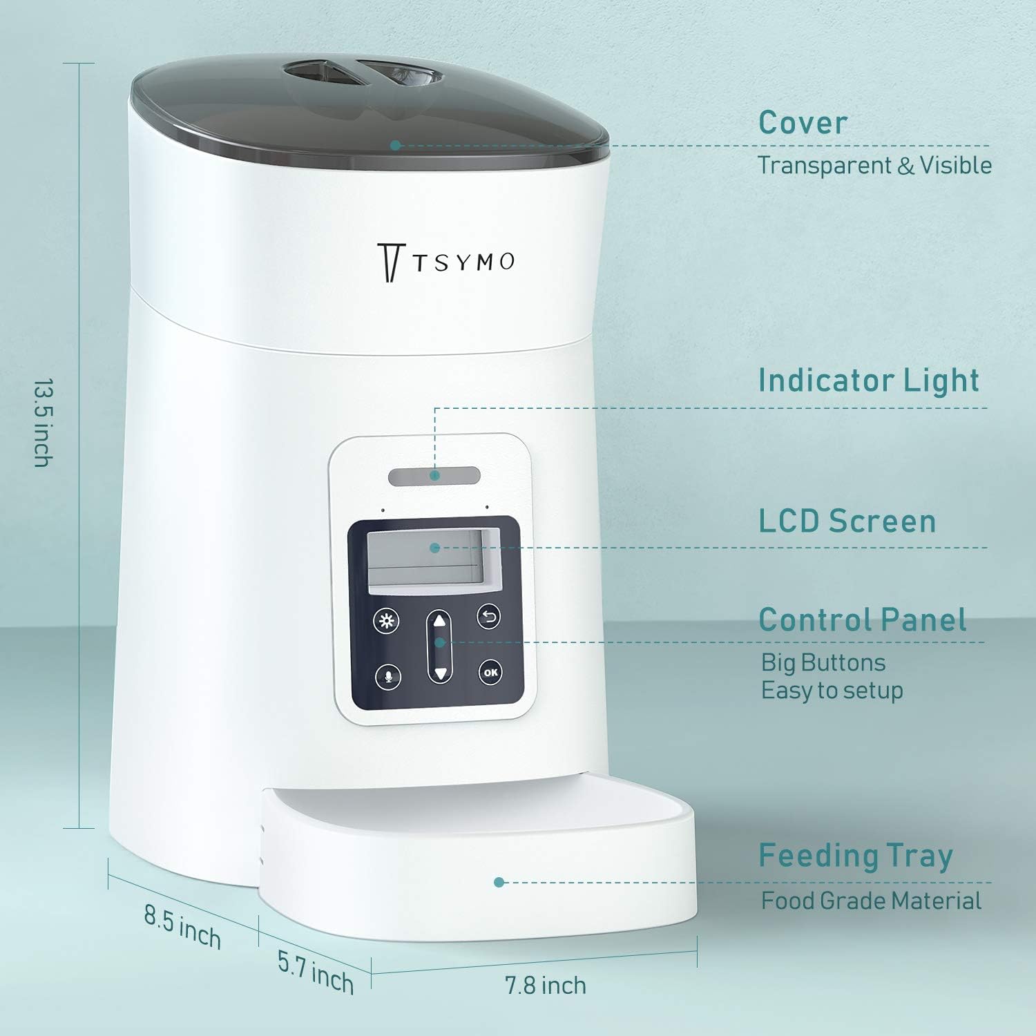Pet Supplies : TSYMO Automatic Cat Feeder - 1-6 Meals Auto Dog Food Dispenser with Anti-Clog Design, Timer Programmable, Voice Recording & Portion Control for Small & Medium Pets (4 L White) : 