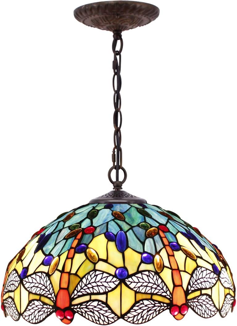 Tiffany Hanging Lamp W16H40 Inch (LED Bulb Included) Pendant Light Stained Glass Dragonfly Shade Chandelier Ceiling Fixture S128 WERFACTORY Decorate Dining Living Room Bedroom Study Office Coffee Bar - - 