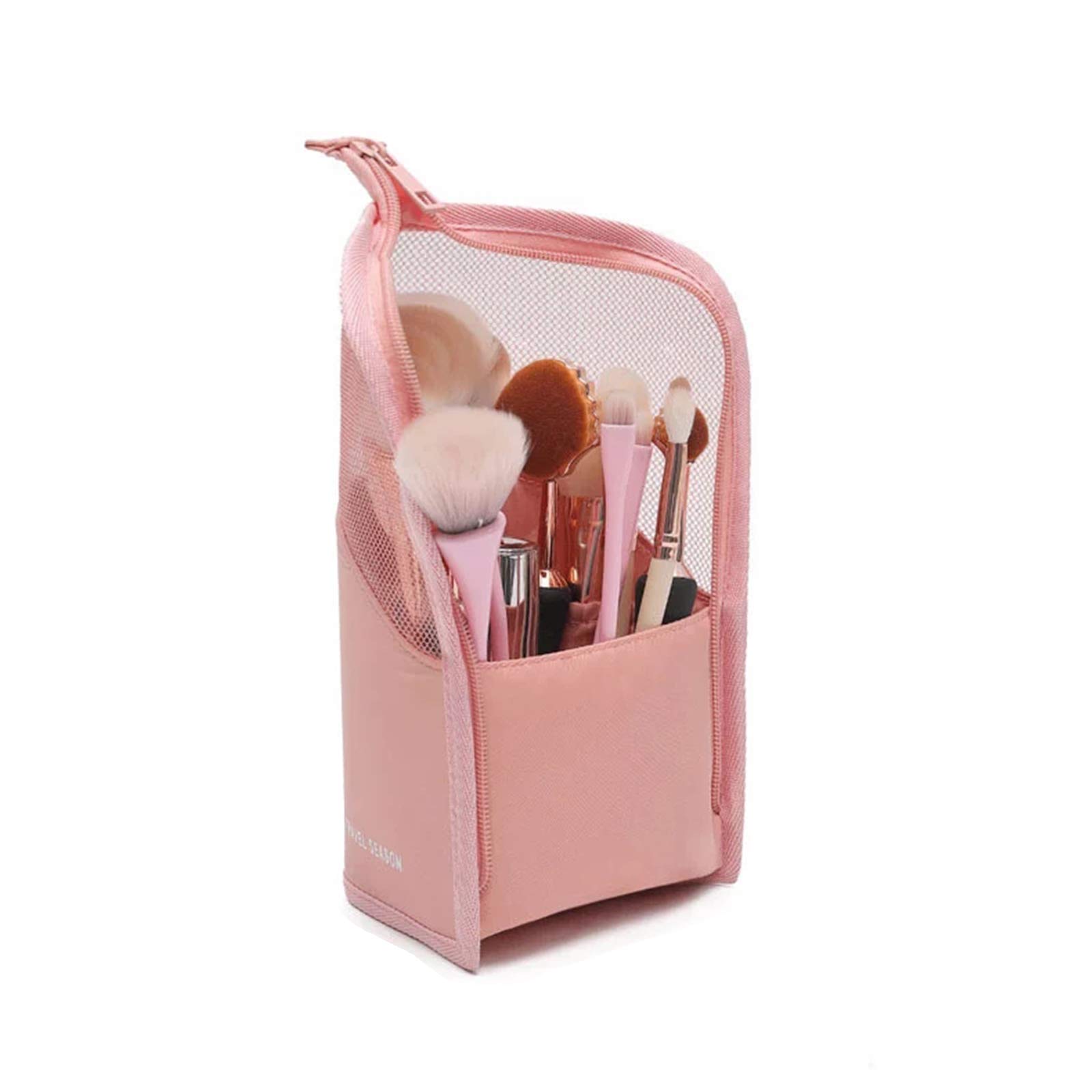 Travel Makeup Brush Bag Waterproof Stand-Up Makeup Brush Holder Half Clear Cosmetic Brush Organiser Bag Multifunctional Cosmetic Zipper Pouch for Pencil Case Pen Case (Pink)