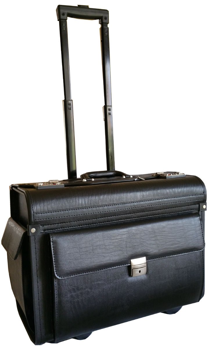 Large Wheeled Laptop Pilot Case in Grained Faux Leather Rolling Briefcase Business Bag on Wheels