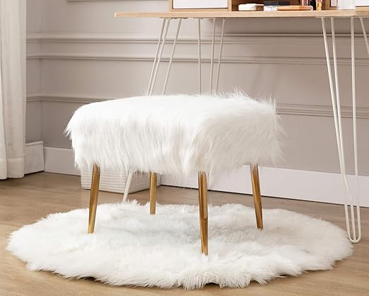 Amazon Com Kmax Fur Small Vanity Stool White Fuzzy Square Cute Makeup Stools With Gold Legs For Bedroom Living Room Girls Kitchen Dining