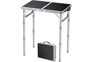 FUNYKICH 2ft Small Folding Camping Table, 3 Height Adjustable Portable Picnic Table, Lightweight Aluminum Outdoor Desk with C
