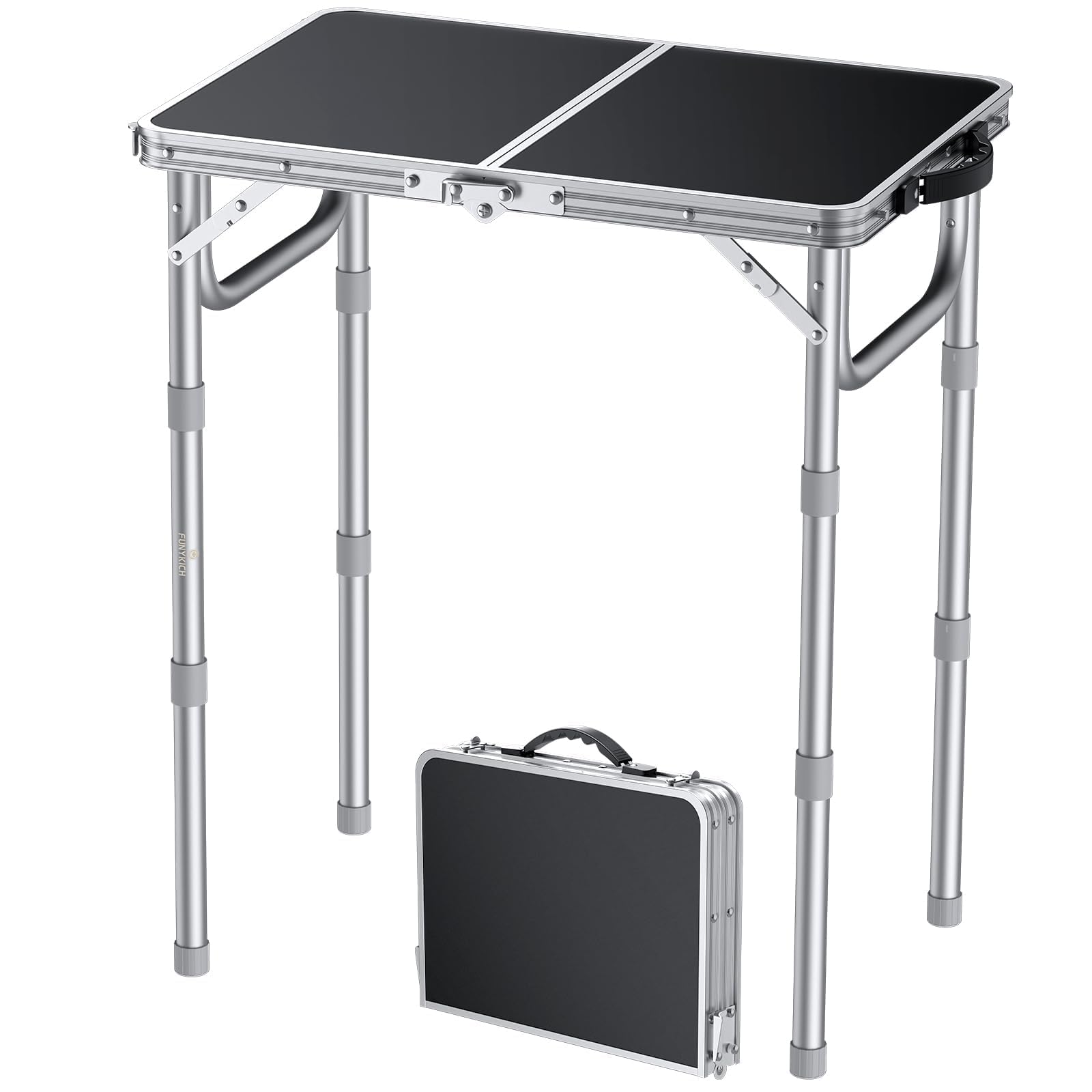 Photo 1 of FUNYKICH 2ft Small Folding Camping Table, 3 Height Adjustable Portable Picnic Table, Lightweight Aluminum Outdoor Tables with Carry Handle for Camping, Picnic, BBQ, 58x40cm(L22.8 xW15.7), Silver