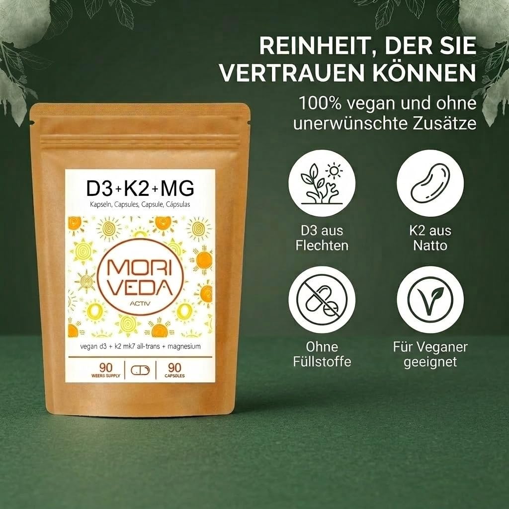 MoriVeda 90 Vitamin D3 K2 Magnesium Wochendepot Kapseln – 7000 I.E. D3 + 200 µg K2 MK7 + 175 mg Mg – Vegan, aus Flechten & Natto 5
