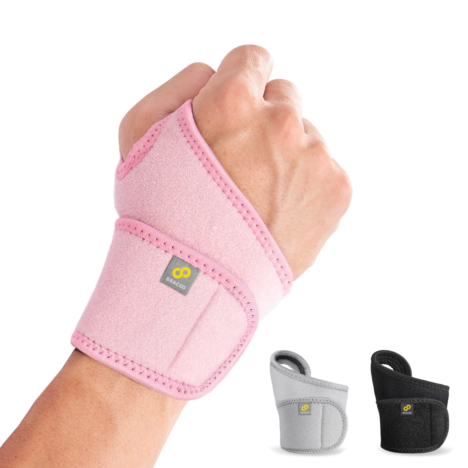 BRACOO Wrist Support Brace – Adjustable Wrist & Hand Wrap Strap for Gym, Weightlifting, Tennis, Tendonitis, Carpal Tunnel, Arthritis, for Right & Left Hand, WS10 (Pink)
