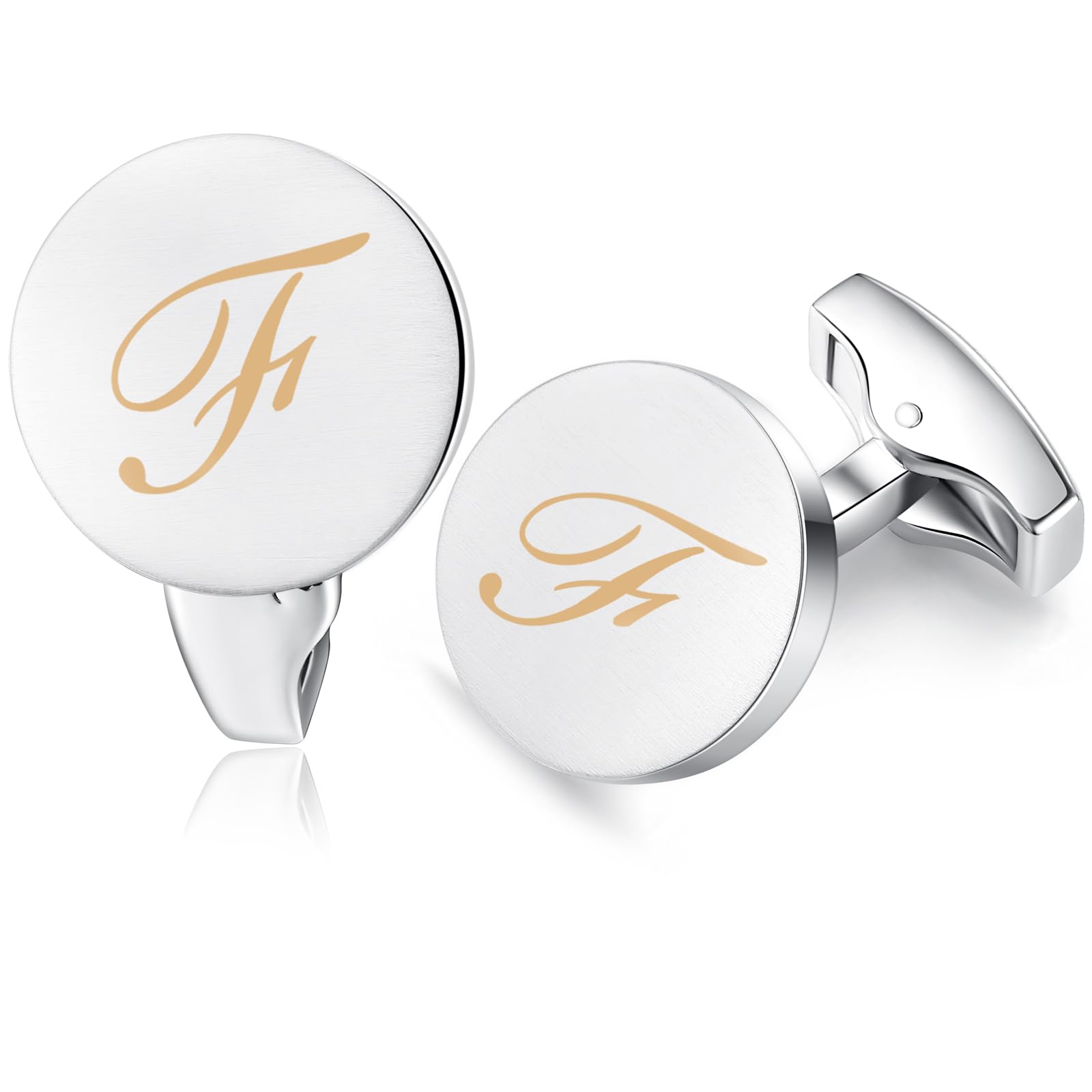 HONEY BEAR Initial Alphabet Letter Cufflinks for Men, Silver Round Shape Wedding Business Gifts A - Z (One pair F)