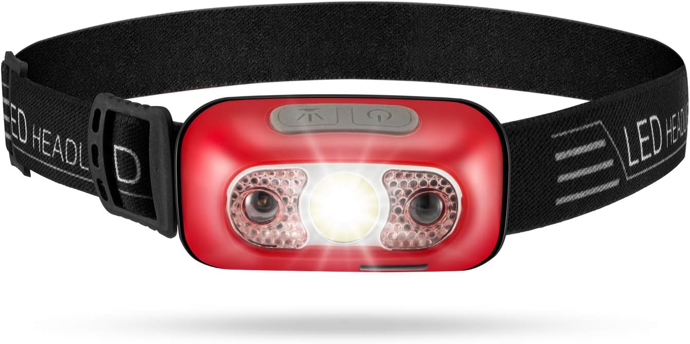 KERUITA Led Headlamp,Rechargeable Headlamp Flashlightใ1200mAh/230lumens/15hrsใfor jogging hiking camping, IPX6 Waterproof, Smart Sensor, SOS Flashing, 45ยฐTiltable Swivels (RED)