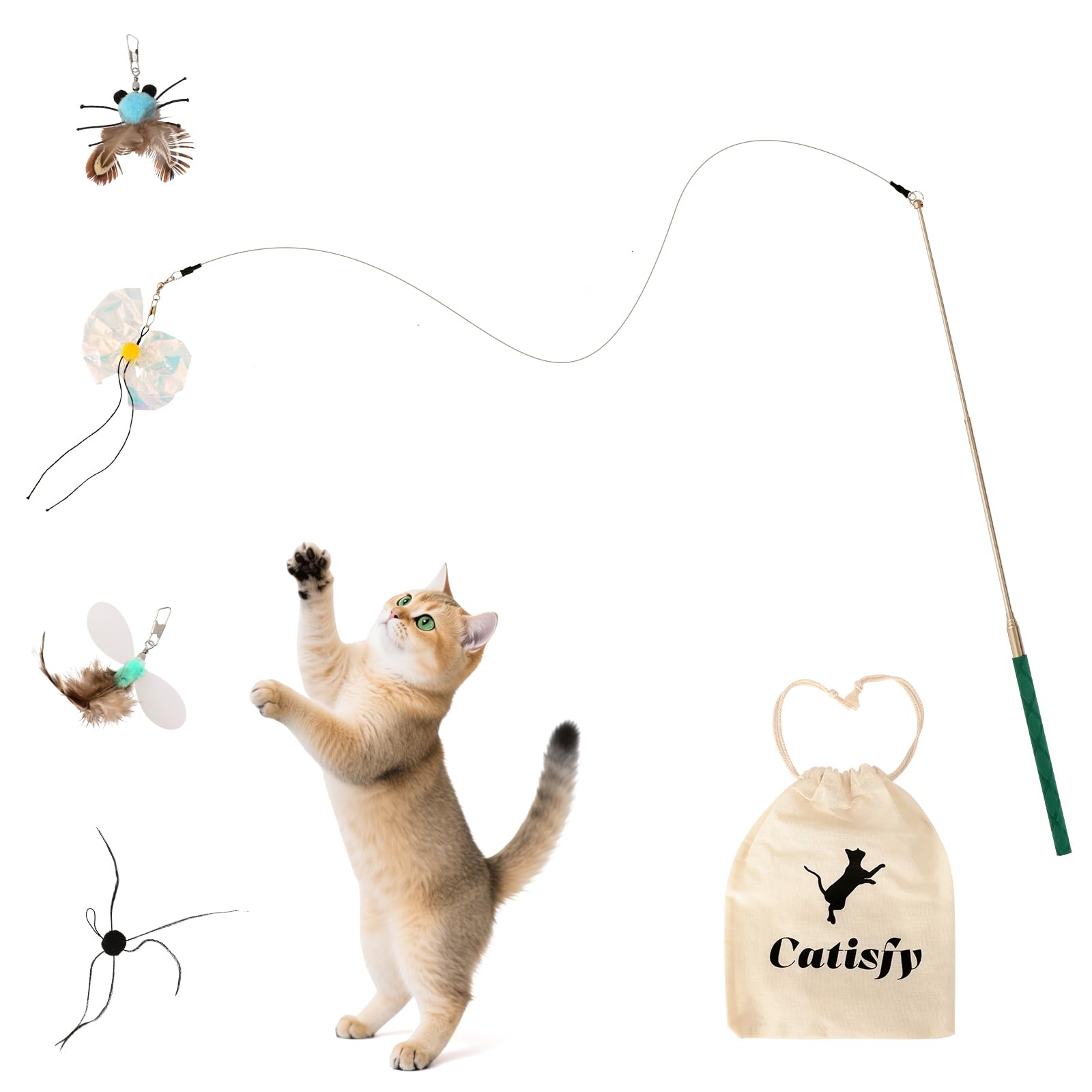 Photo 1 of Catisfy Cat Wand Toy – Retractable Wand with 4 Feather Toy Refills for Indoor Cats Enrichment, Interactive Cat Toy for Bored Adult Cats and High-Energy Kittens (BioBugs Serie)