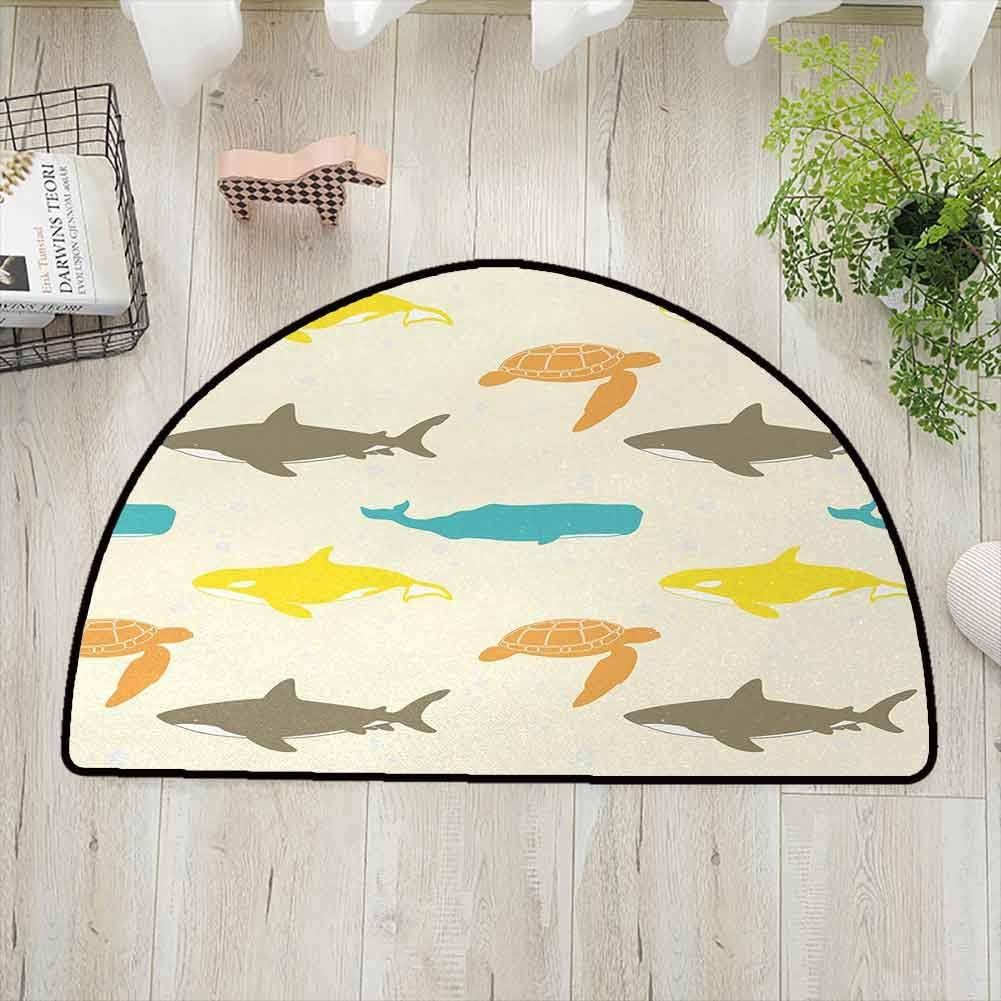 DESPKONMATS Sea Animals Semi-Circular Area Rug, Pattern with Whale Printed Door Mat for Livingroom,Bedroom,Children Playroom W43.3 x R23.6 Inch Shark and Turtle Aquarium Doodle Style Marine Life