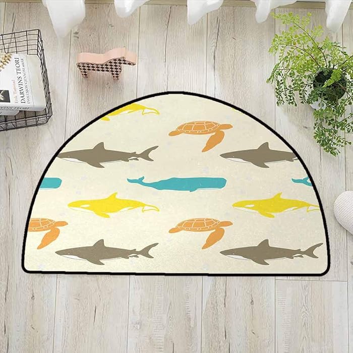 DESPKONMATS Sea Animals Semi-Circular Hall Bathroom Soft Rug, Pattern with Whale Printed Door Mat Semi-Circular Area Rugs W39.4 x R23.6 Inch Shark and Turtle Aquarium Doodle Style Marine Life