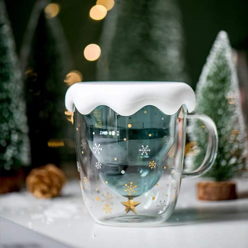 Amazon Com Fun Christmas Coffee Mugs Holiday Cups 10oz Double Wall Glass Tableware With Lid And Handle Tree Snowflake Glassware For Tea Milk Beverage Juice Water 300ml With Lid Coffee Cups