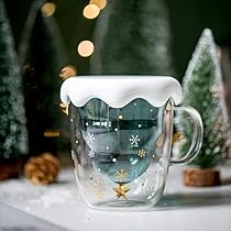 Lot De 2 Tasses à Café De Noël à Double Paroi 300ml - Verre Borosilicate Avec Couvercle Sapin