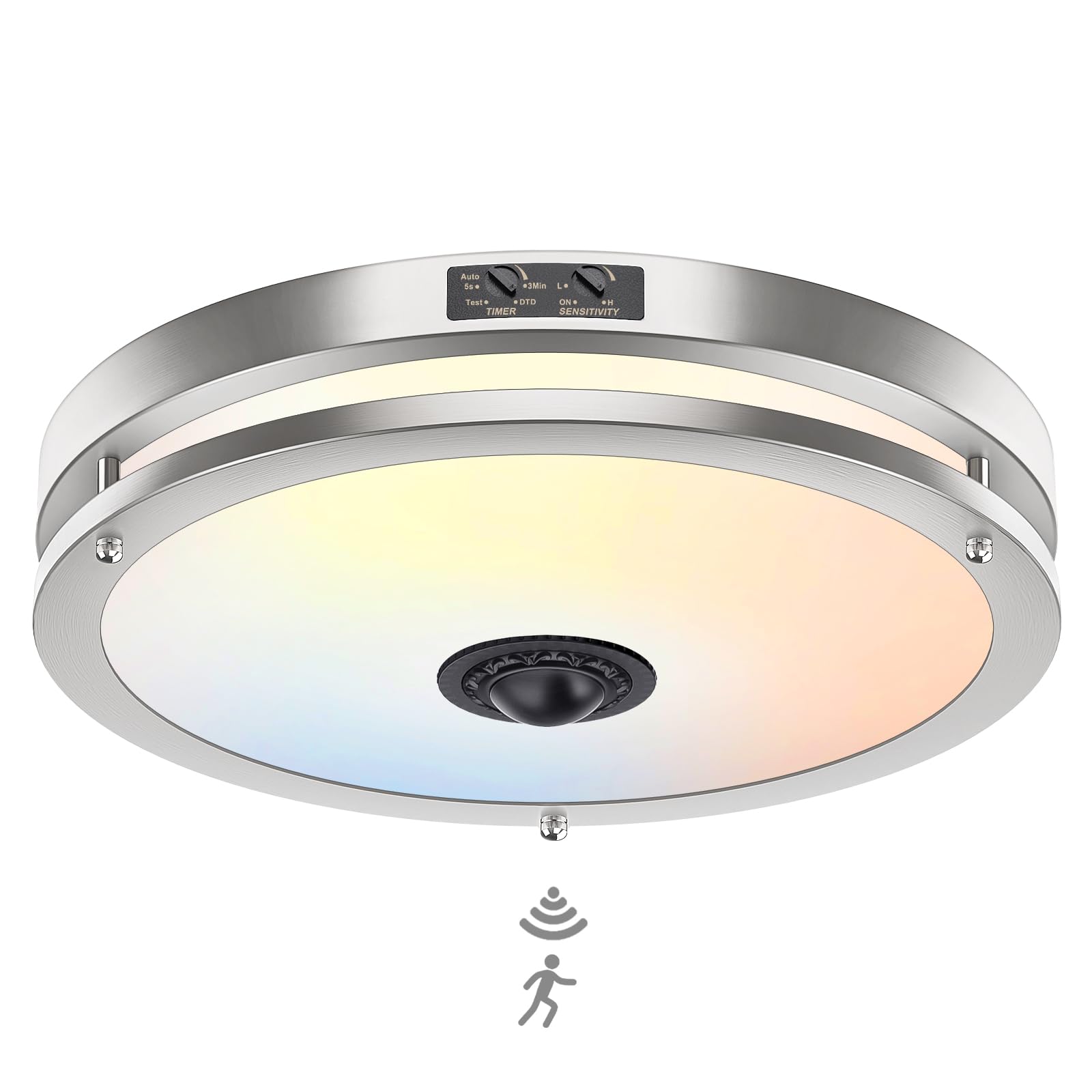 Photo 1 of OYKYOHEI 24W LED Motion Sensor Outdoor Ceiling Light, 12IN 2700K/3000K/3500K/4000K/5000K Adjustable Ceiling Lights, Dusk to Dawn Flush Mount LED Ceiling Light Fixture for Porch, Garage, Nickel