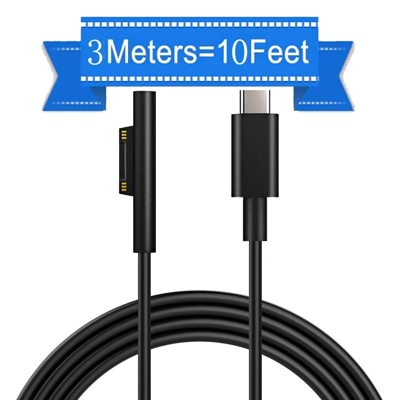 Getue 10ft Surface Connect to USB-C Charging Cable for Microsoft Pro7 Go2 Pro6 5/4/3 Laptop1/2/3 & Book, Black Male, Works With 45W 15V3A USBC Charger