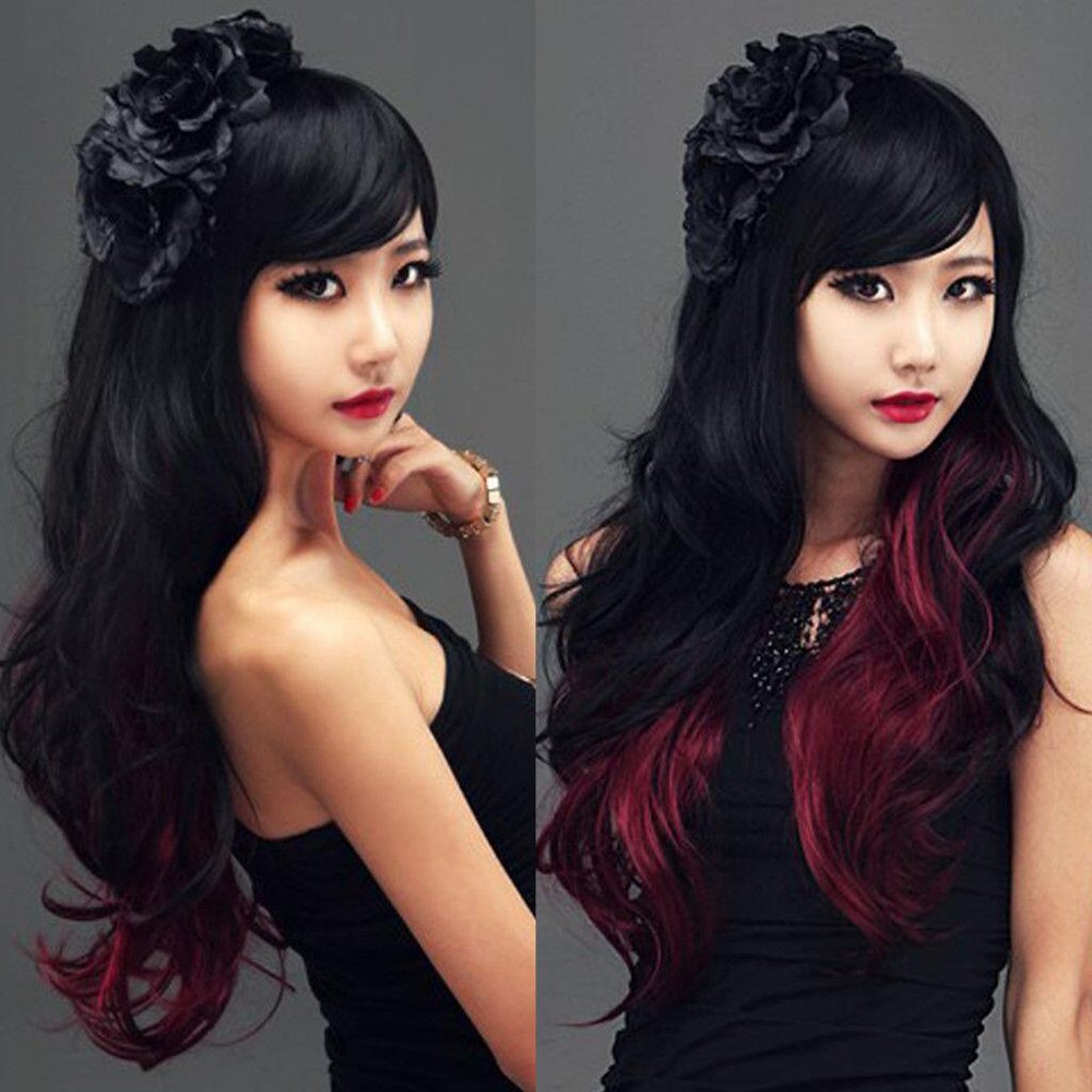 IMISSU 26'' Long Natural Hair Cosplay Wig with Bangs Colorful Halloween Costume Party Wigs for Women (Black Red)