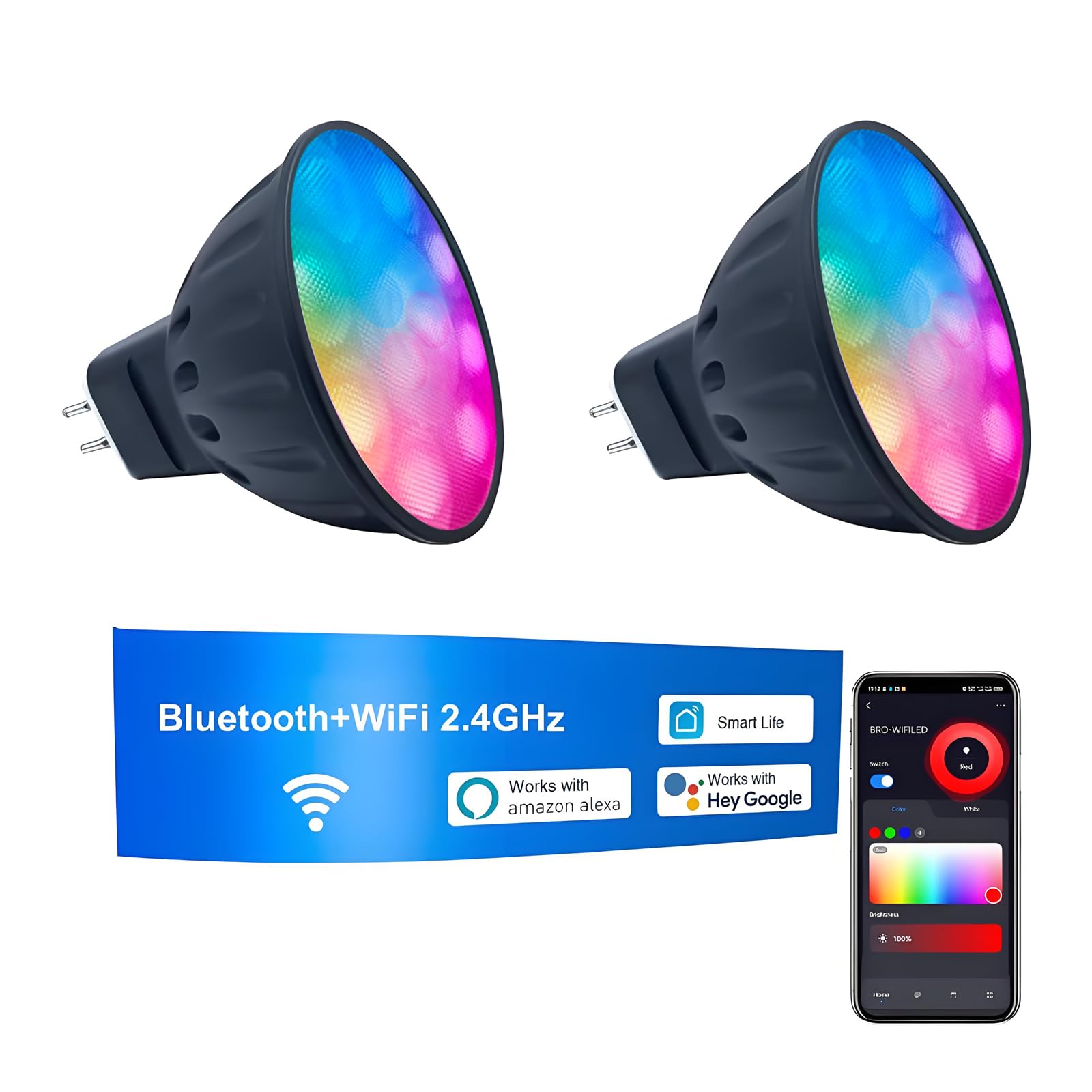 Photo 1 of Makergroup Smart WiFi MR16 LED Bulbs Dimmable, RGB MR16 LED Bulb Color Changing, GU5.3 Bi-pin 12V, Multicolor & CCT Tunable, Memory Function, Music Sync Compatible with Alexa, Google Assistant 2-Pack