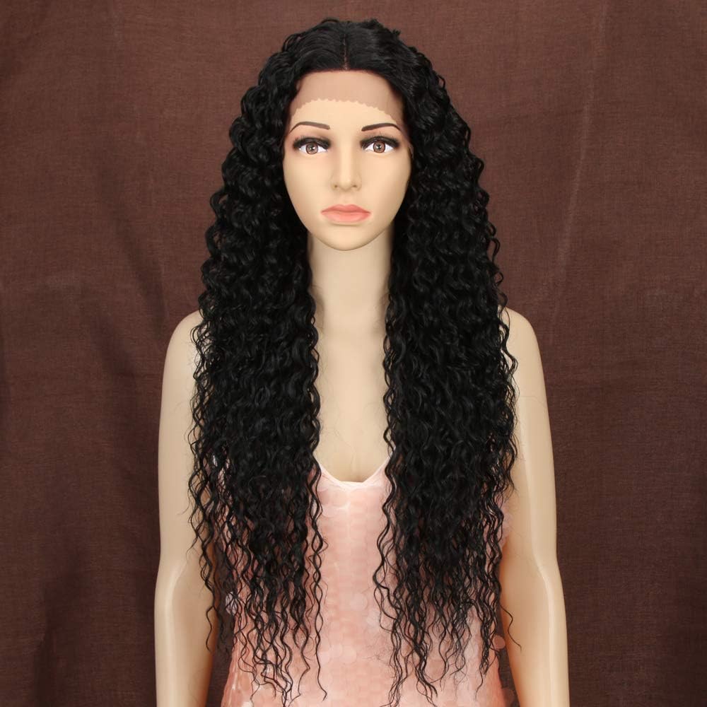 Style Icon Lace Front Wig 28 Inches Curly Synthetic Baby Hair Wigs For Women Heat Resistant Fiber, 1B