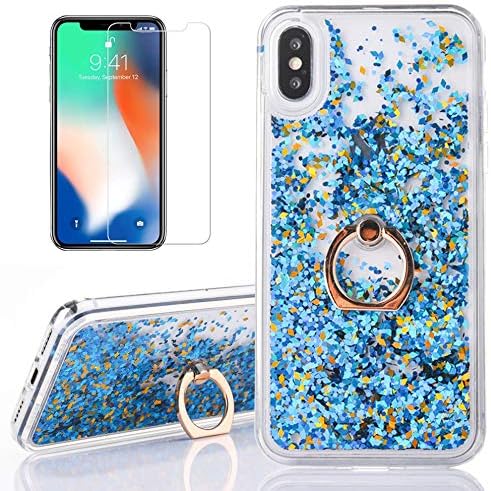 for iPhone X/XS Glitter Case with Ring Holder,QFFUN Bling Floating Liquid Clear Silicone Hard Case with 360 Degree Rotating Kickstand Shockproof Protective Cover and Screen Protector-Diamond Blue