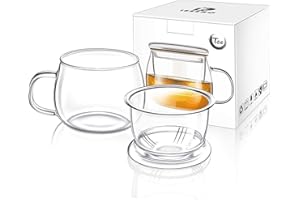 Lezero 13 ounce Tea Cups Kits Loose Tea-leaf Brewing System, Thickened Glass Cups with Tea Infuser Basket and Lid, Simple Filtration Teacups Great for Family Daily