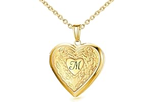 HUTOU Locket Necklace Holds Pictures Alphabet Initial Letter Love Heart Lockets Photo Memory Locket Necklaces Birthday Gifts
