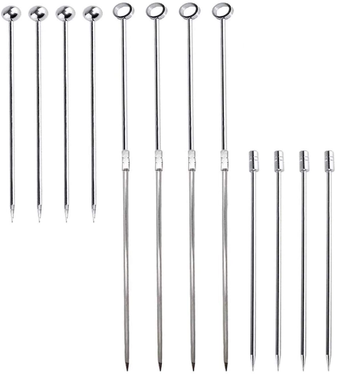 CKANDAY 16 Pack Stainless Steel Cocktail Picks, Reusable Fruit Sticks Metal Martini Skewers Olive Drink Picks Set for Holiday Party Events,Circle Cylinder Square Ball,6 Styles Tops- Silver