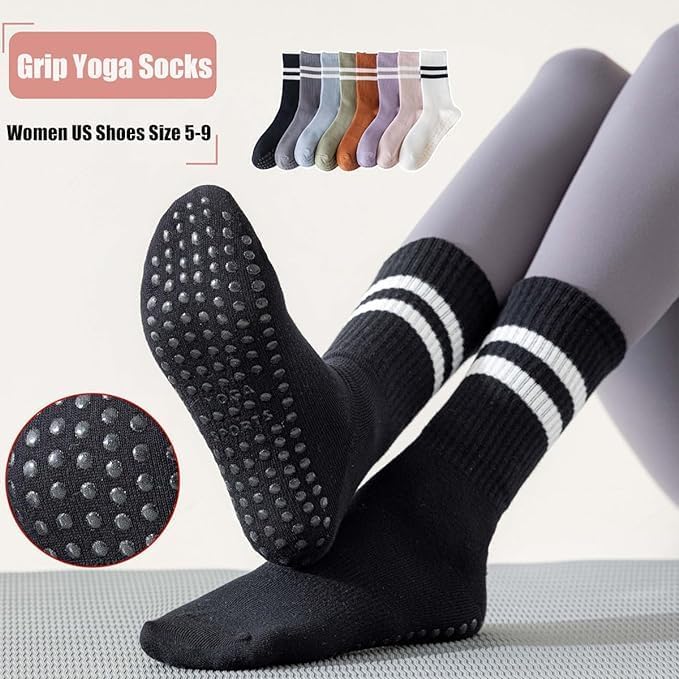 8 pares de calcetines largos de yoga con agarre para mujer,calcetines de algodón para pilates,calcetine antideslizantes mujer para pilates, baile, barra, yoga